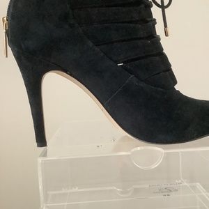 BCBG, size 9.5 kid suede black booties with front lace detail, rear zipper